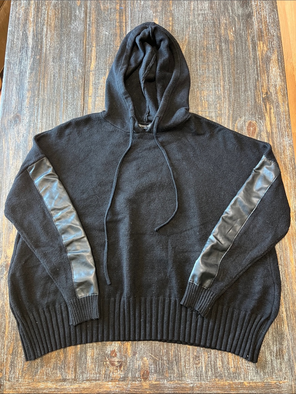 Central Park West Black Hooded Crewneck Sweater with Faux Leather Sleeve Panels